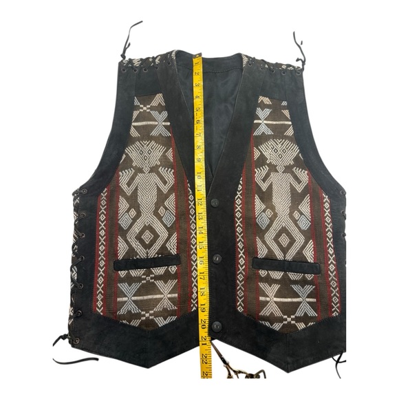 70s Vintage Leather & Southwestern Woven Festival Vest Lace-Up Sides - Picture 13 of 14